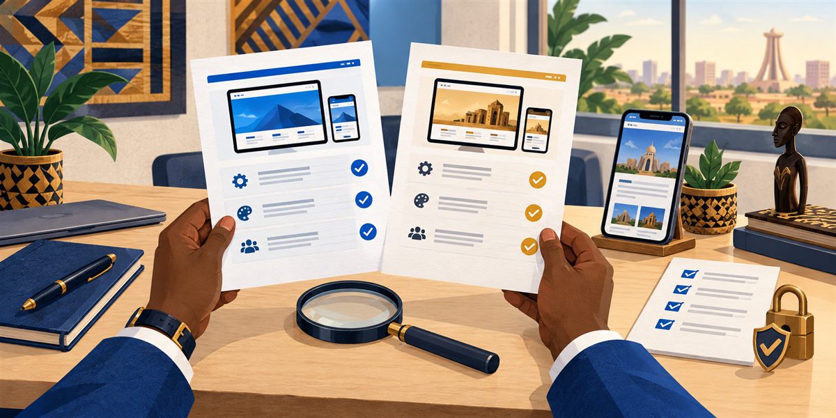 Un dirigeant compare deux propositions de site web avec une loupe, une liste de vérification et un symbole de sécurité.